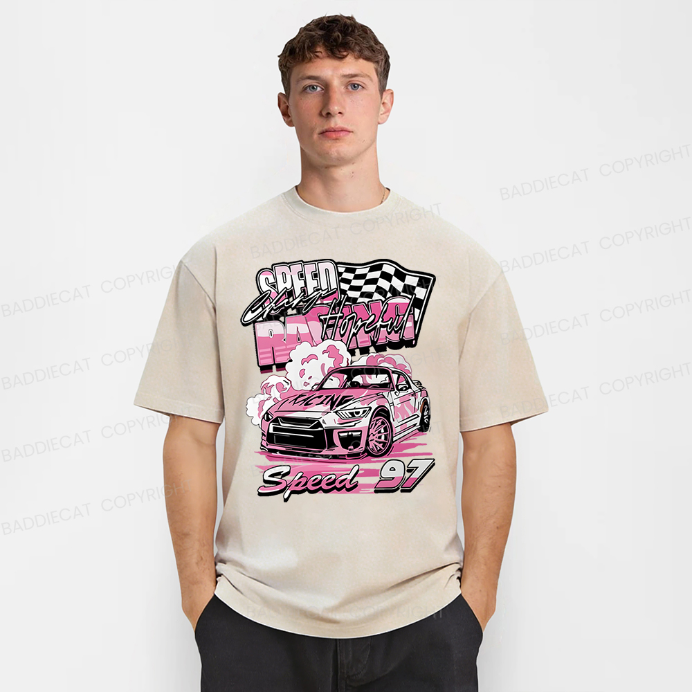 Baddiecat Pink Race Car Speed 97 Washed T-shirt