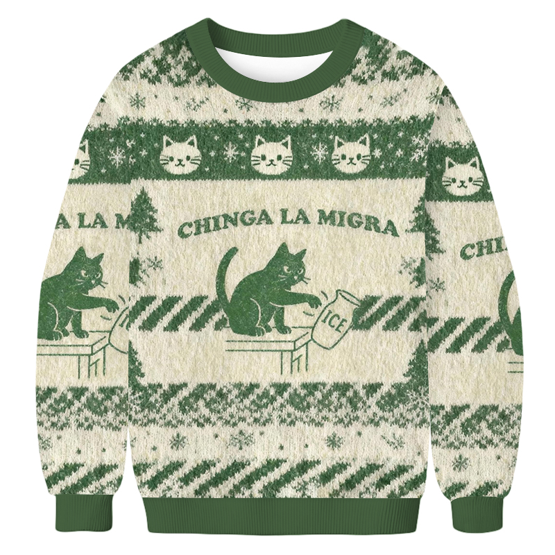 Baddiecat Chinga La Migra Cat Meme Christmas Ugly Sweatshirt