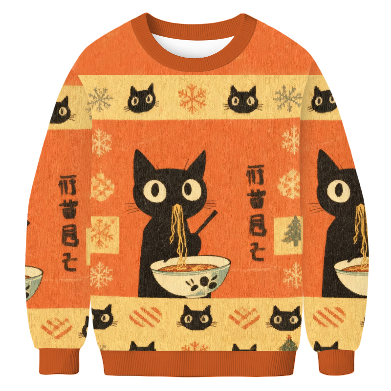 Baddiecat Hungry Black Cat Ramen Christmas Ugly Sweatshirt