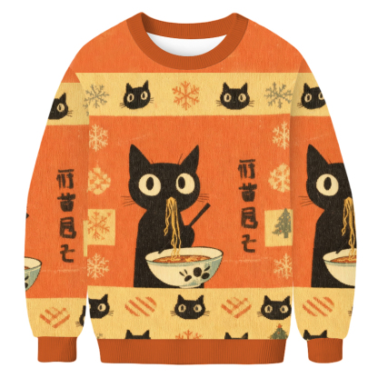 Baddiecat Hungry Black Cat Ramen Christmas Ugly Sweatshirt