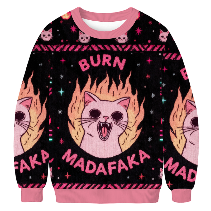 Baddiecat Burn Madafaka Cat Meme Christmas Ugly Sweatshirt