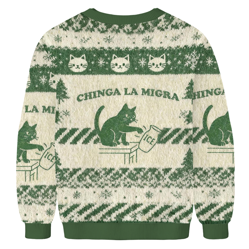 Baddiecat Chinga La Migra Cat Meme Christmas Ugly Sweatshirt