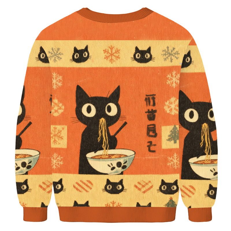Baddiecat Hungry Black Cat Ramen Christmas Ugly Sweatshirt