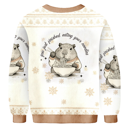 Baddiecat Capybara Eating Noodles Christmas Ugly Sweatshirt