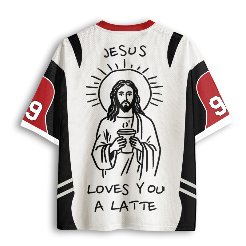Baddiecat Funny Jesus Loves You A Latte Christian Coffee Humor Mesh Jersey