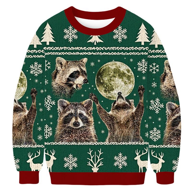 Baddiecat Raccoons Howling At Moon Christmas Ugly Sweatshirt