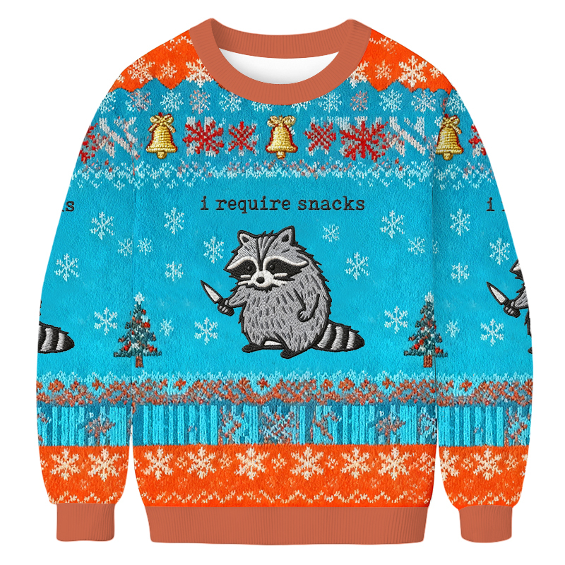 Baddiecat I Require Snacks Funny Raccoon Christmas Ugly Sweatshirt
