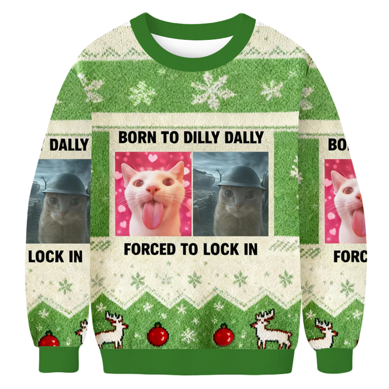 Baddiecat Born To Dilly Dally Forced To Lock In Christmas Ugly Sweatshirt