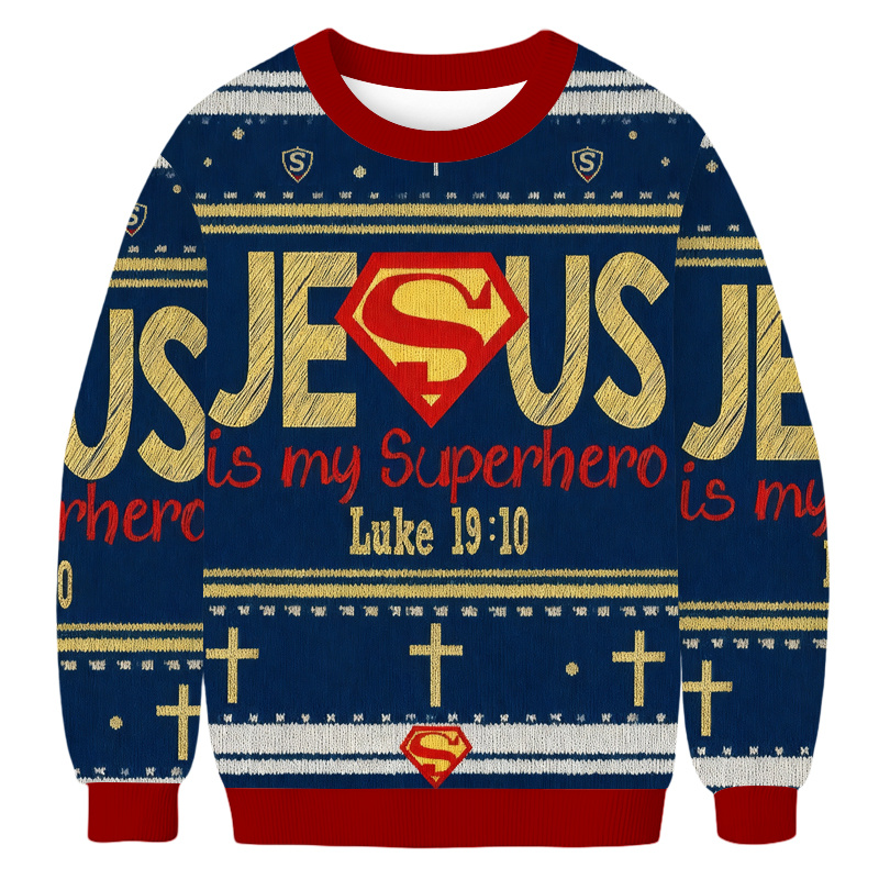 Baddiecat Jesus Is My Superhero Christmas Ugly Sweatshirt