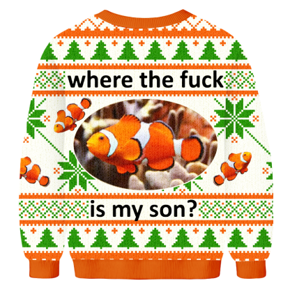 Baddiecat Where The Fuck Is My Son Fish Christmas Ugly Sweatshirt