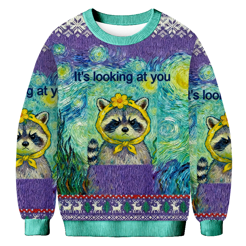 Baddiecat The Raccoon It's Looking At You Christmas Ugly Sweatshirt