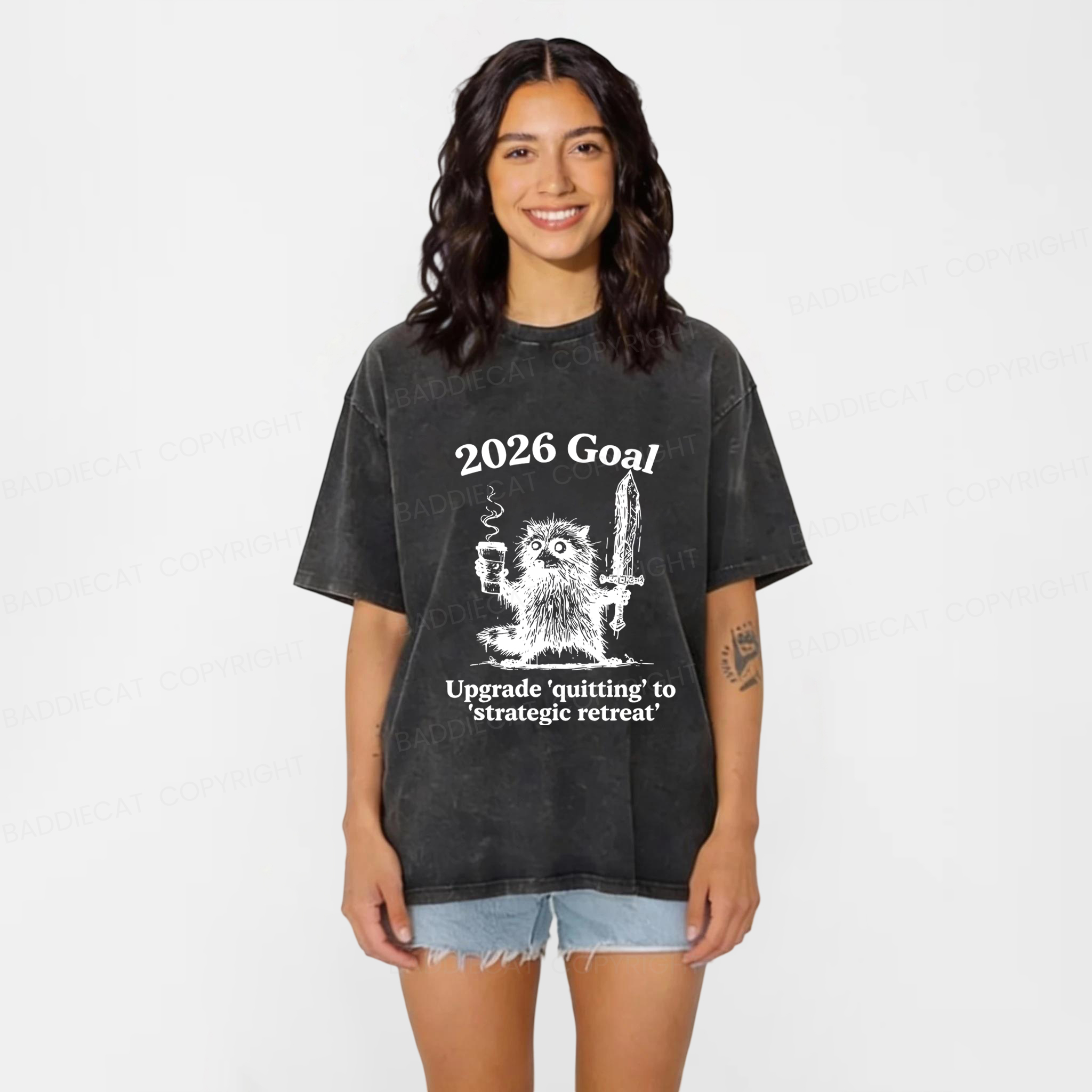 Baddiecat Raccoon 2026's Goals Washed T-shirt