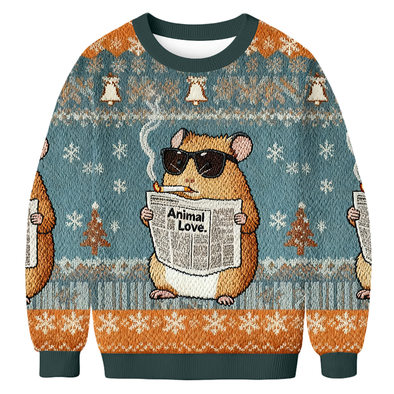 Baddiecat Hamster Reading Newspaper And Smoking Christmas Ugly Sweatshirt