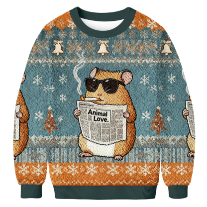 Baddiecat Hamster Reading Newspaper And Smoking Christmas Ugly Sweatshirt