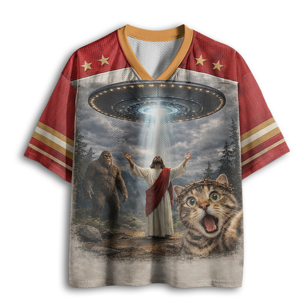 Baddiecat Cat Selfie With Bigfoot UFO And Jesus Mesh Jersey