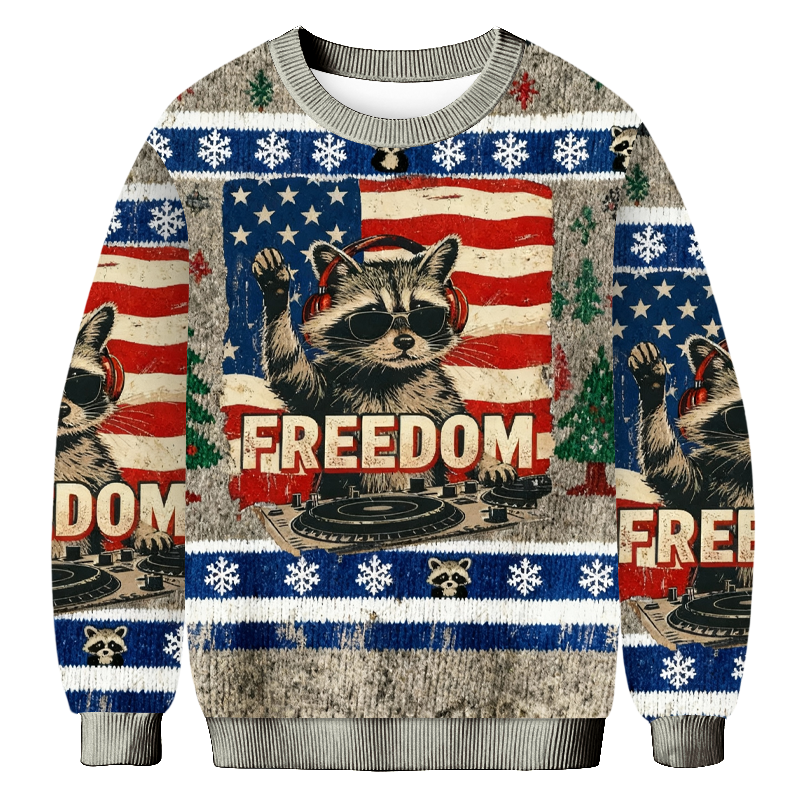 Baddiecat Raccoon Freedom Rock Christmas Ugly Sweatshirt