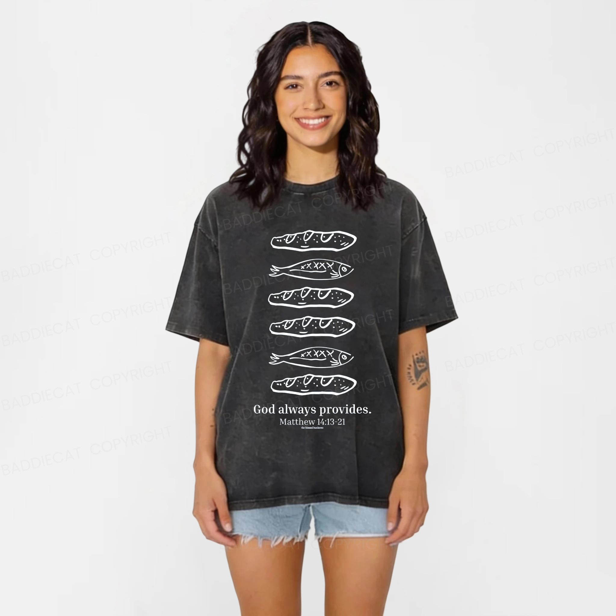Baddiecat Loaves And Fishes Bible Verse Washed T-shirt