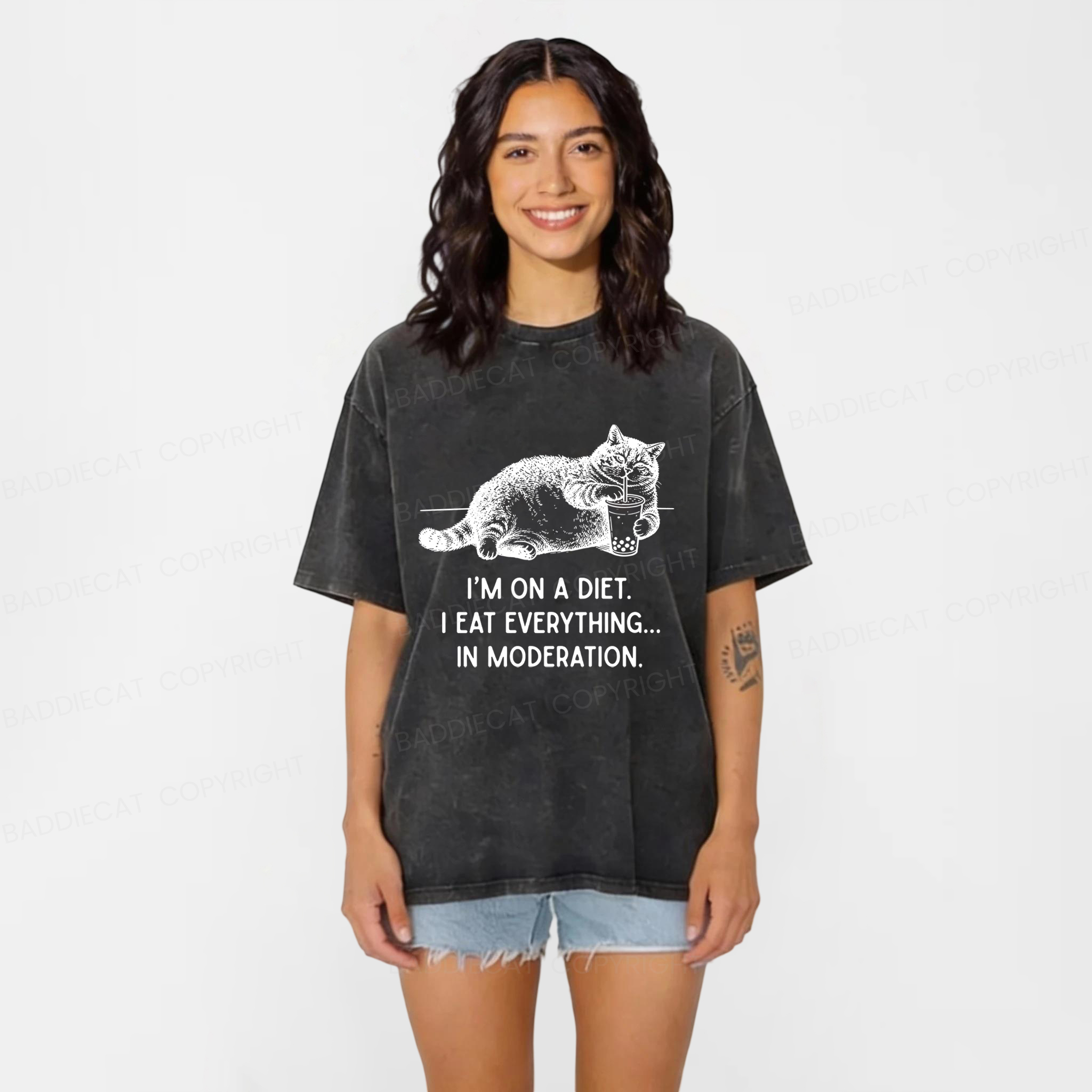 Baddiecat Cat Weight Loss Funny Washed T-shirt