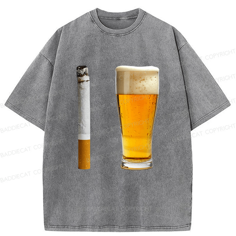 Baddiecat Beer and Cigarette Funny Washed T-shirt
