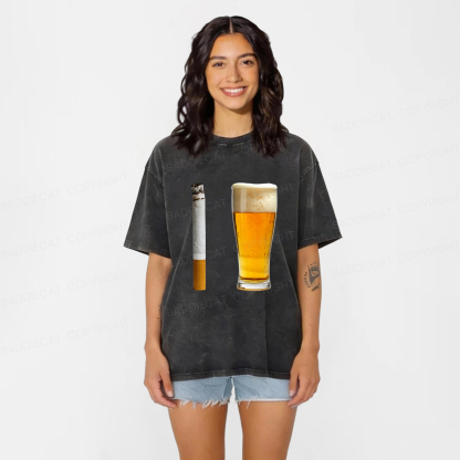 Baddiecat Beer and Cigarette Funny Washed T-shirt