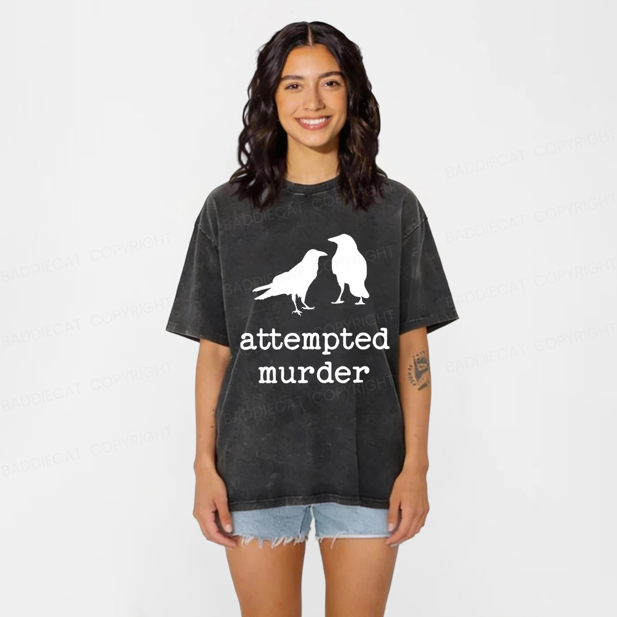 Baddiecat Funny Bird Attempted Murder Crow Washed T-shirt
