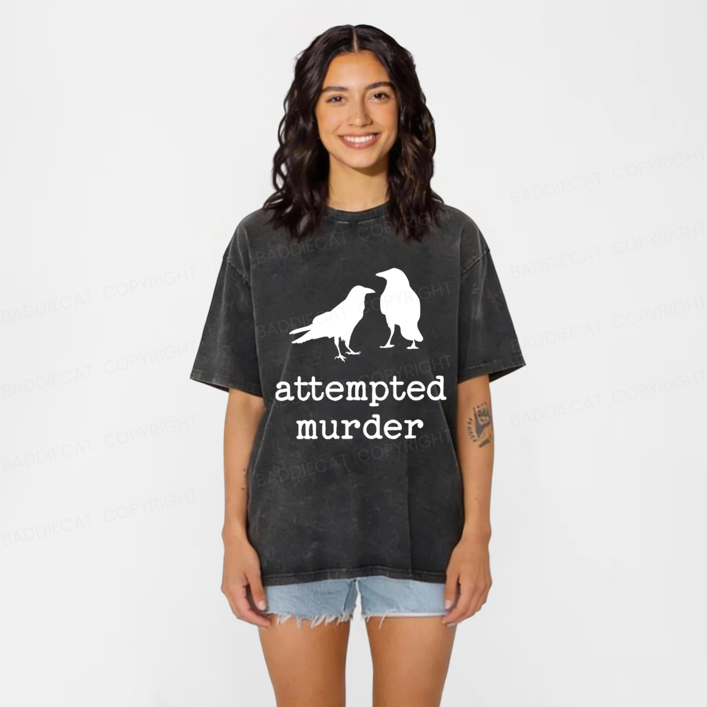Baddiecat Funny Bird Attempted Murder Crow Washed T-shirt