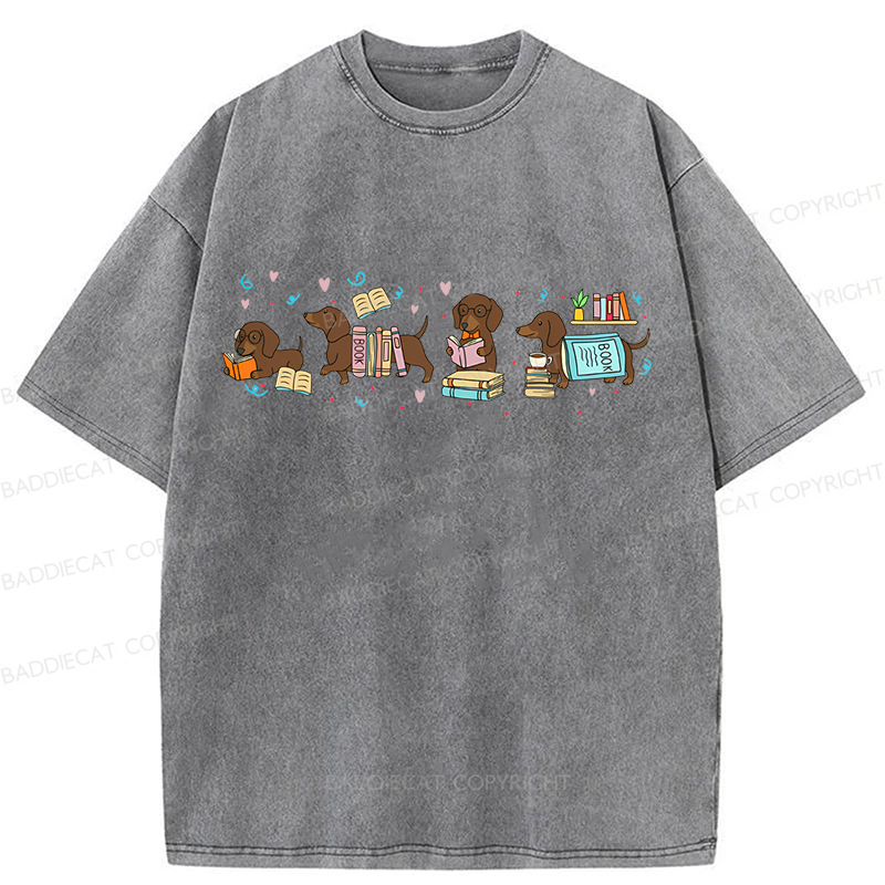 Baddiecat Dachshund Book Lover Washed T-shirt