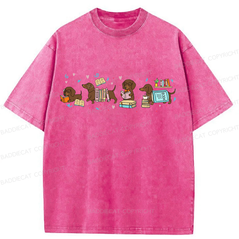 Baddiecat Dachshund Book Lover Washed T-shirt