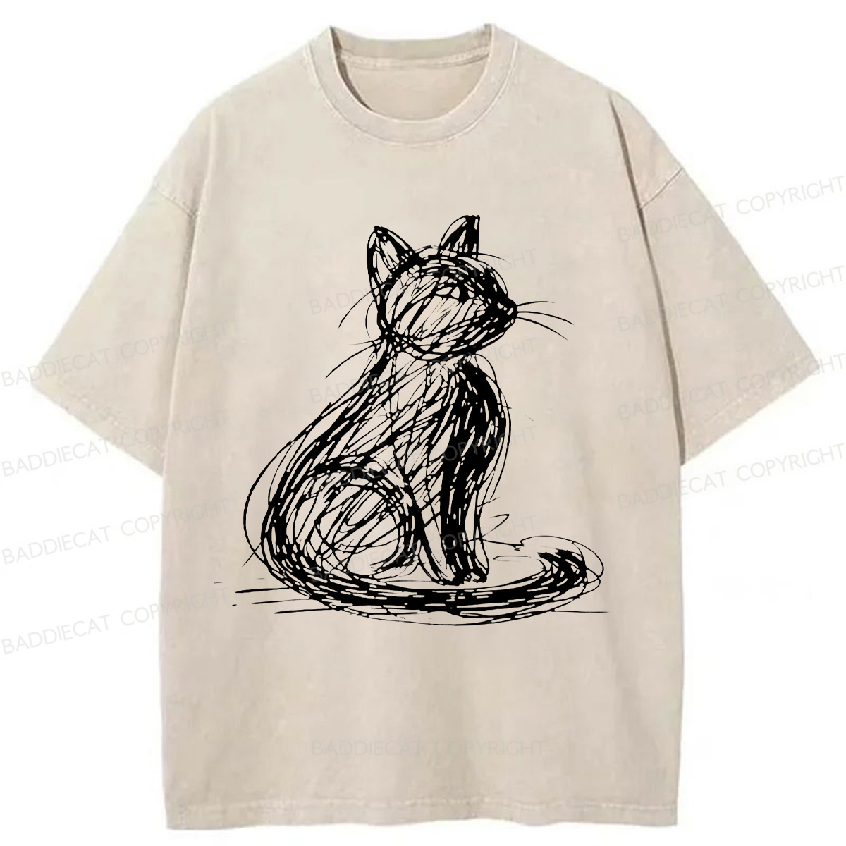 Baddiecat Minimalist Scribble Cat Washed T-shirt