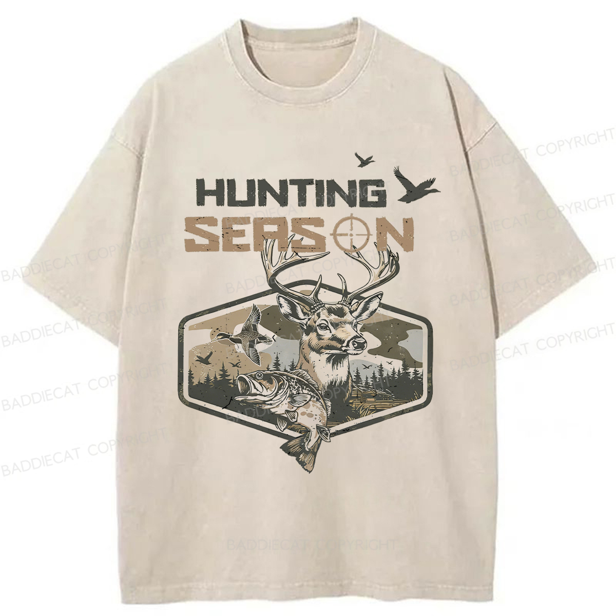 Baddiecat Deer Duck Fishing Washed T-shirt