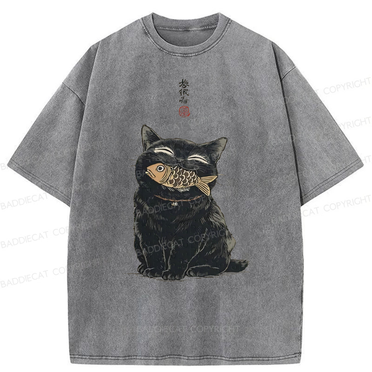 Baddiecat Japanese Smile Black Cat Washed T-shirt