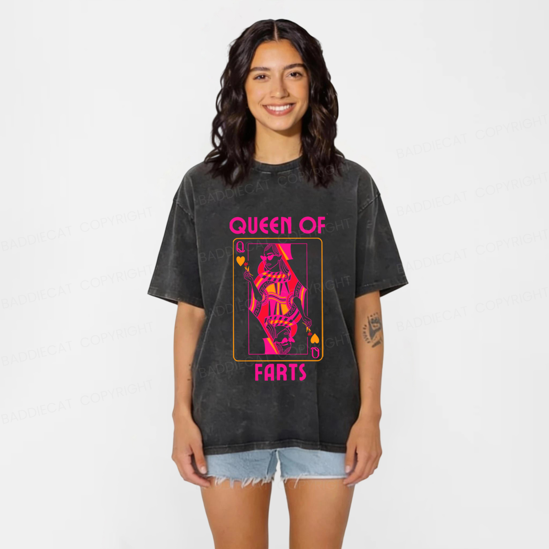 Baddiecat Queen Of Farts Funny Washed T-shirt