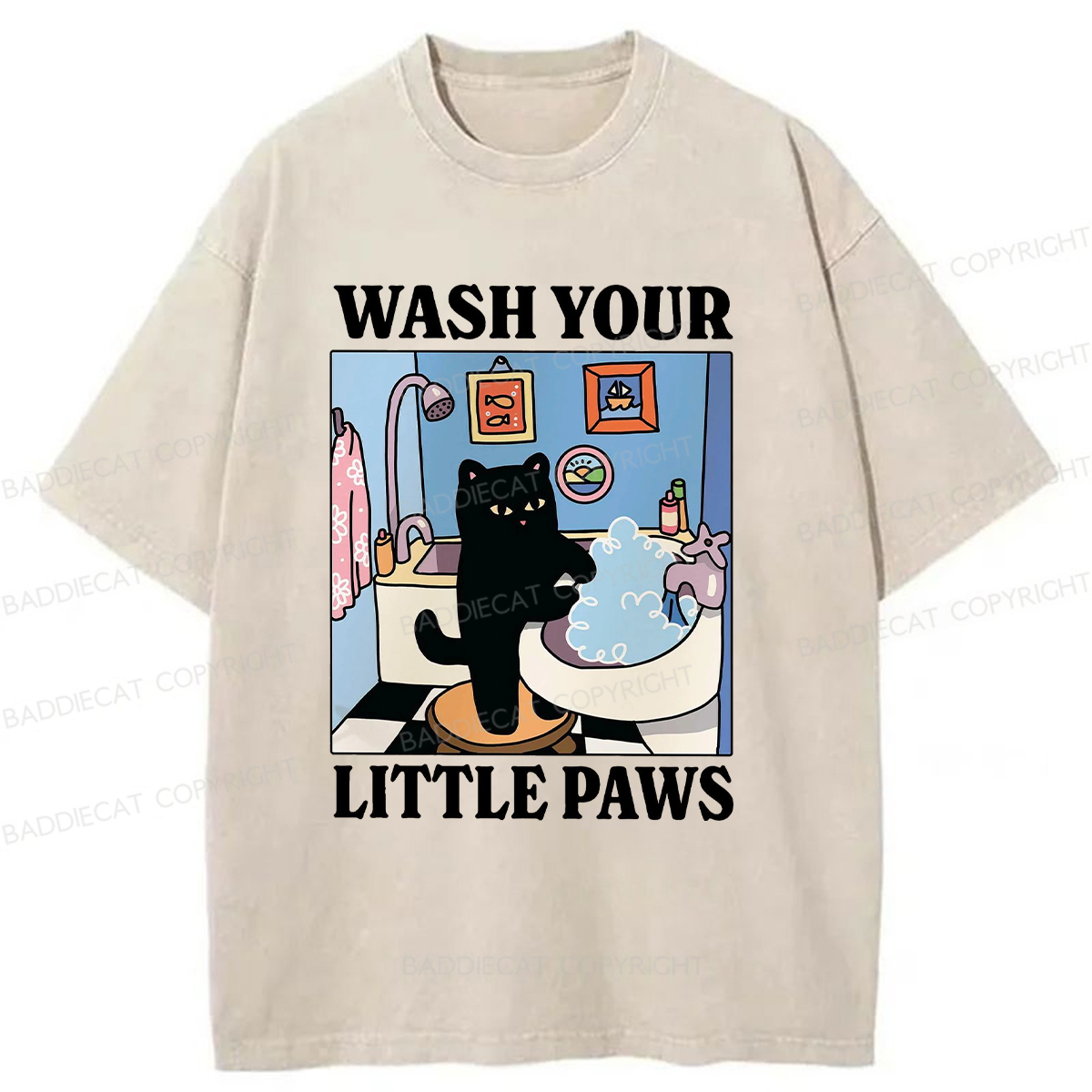 Baddiecat Cleaning Black Cat Washed T-shirt