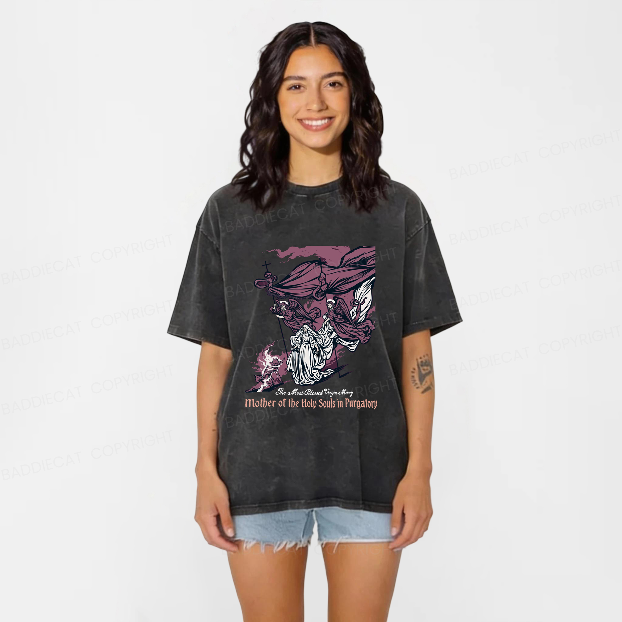 Baddiecat Blessed Mother Of The Souls In Purgatory Washed T-shirt