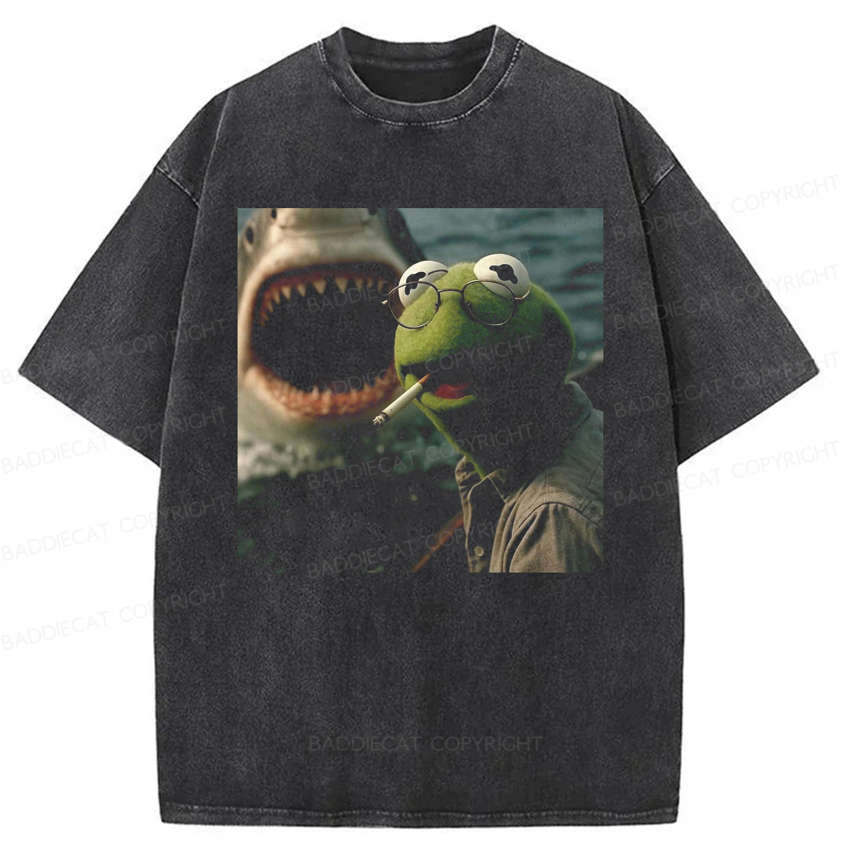 Baddiecat Shark Attack Parody Smoking Frog Washed T-shirt