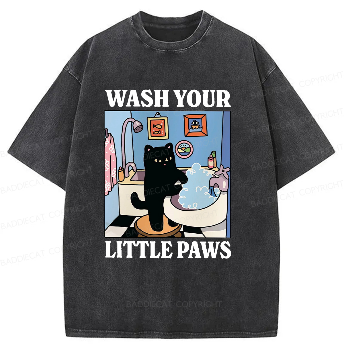 Baddiecat Cleaning Black Cat Washed T-shirt