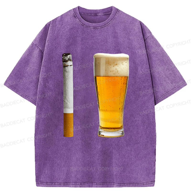 Baddiecat Beer and Cigarette Funny Washed T-shirt