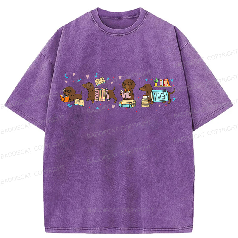 Baddiecat Dachshund Book Lover Washed T-shirt