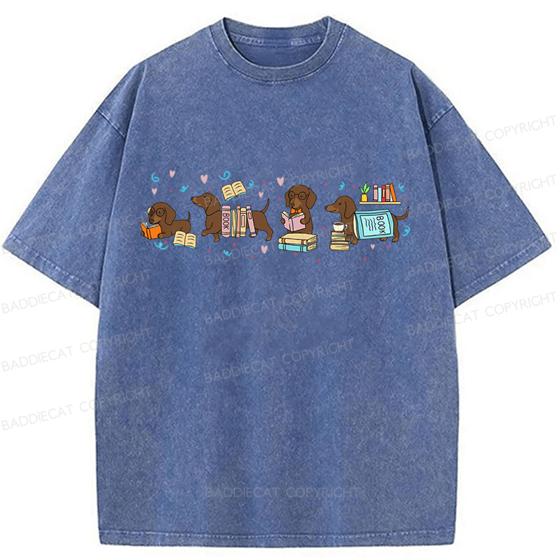 Baddiecat Dachshund Book Lover Washed T-shirt