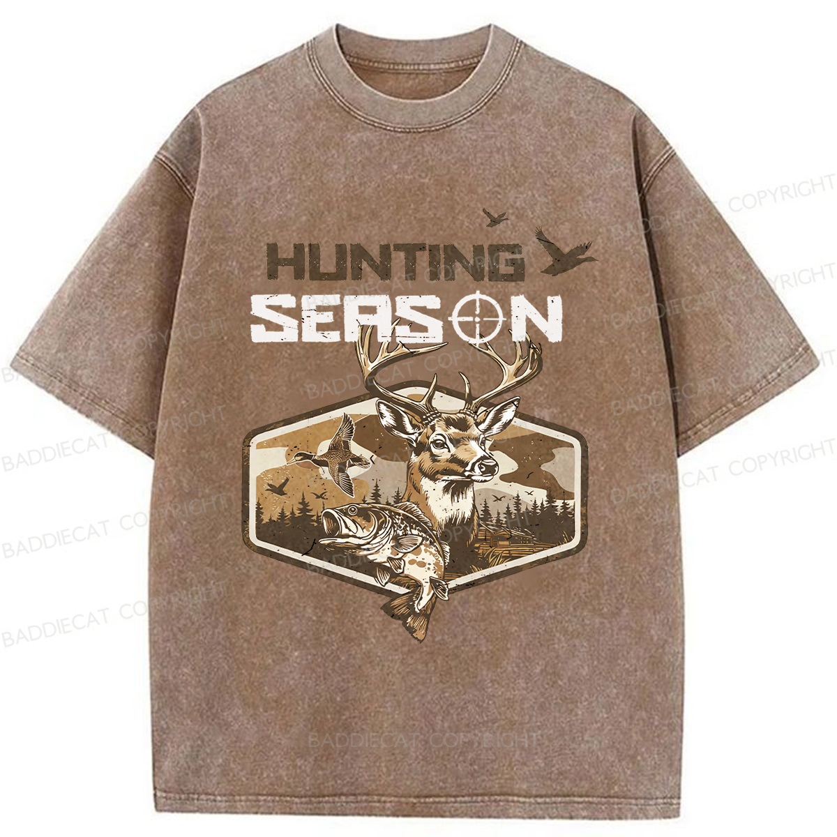 Baddiecat Deer Duck Fishing Washed T-shirt