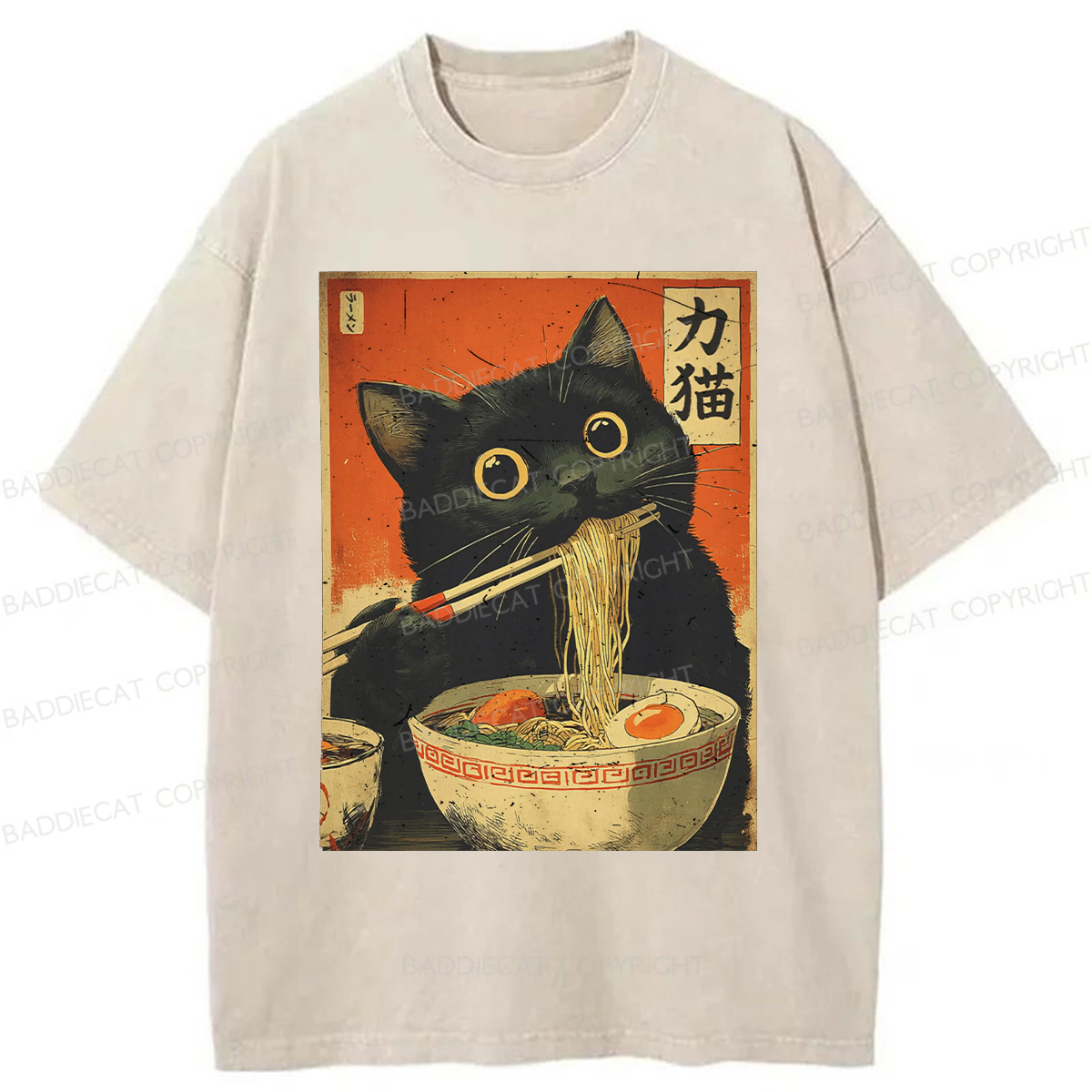 Baddiecat Cat Eating Ramen Funny Washed T-shirt