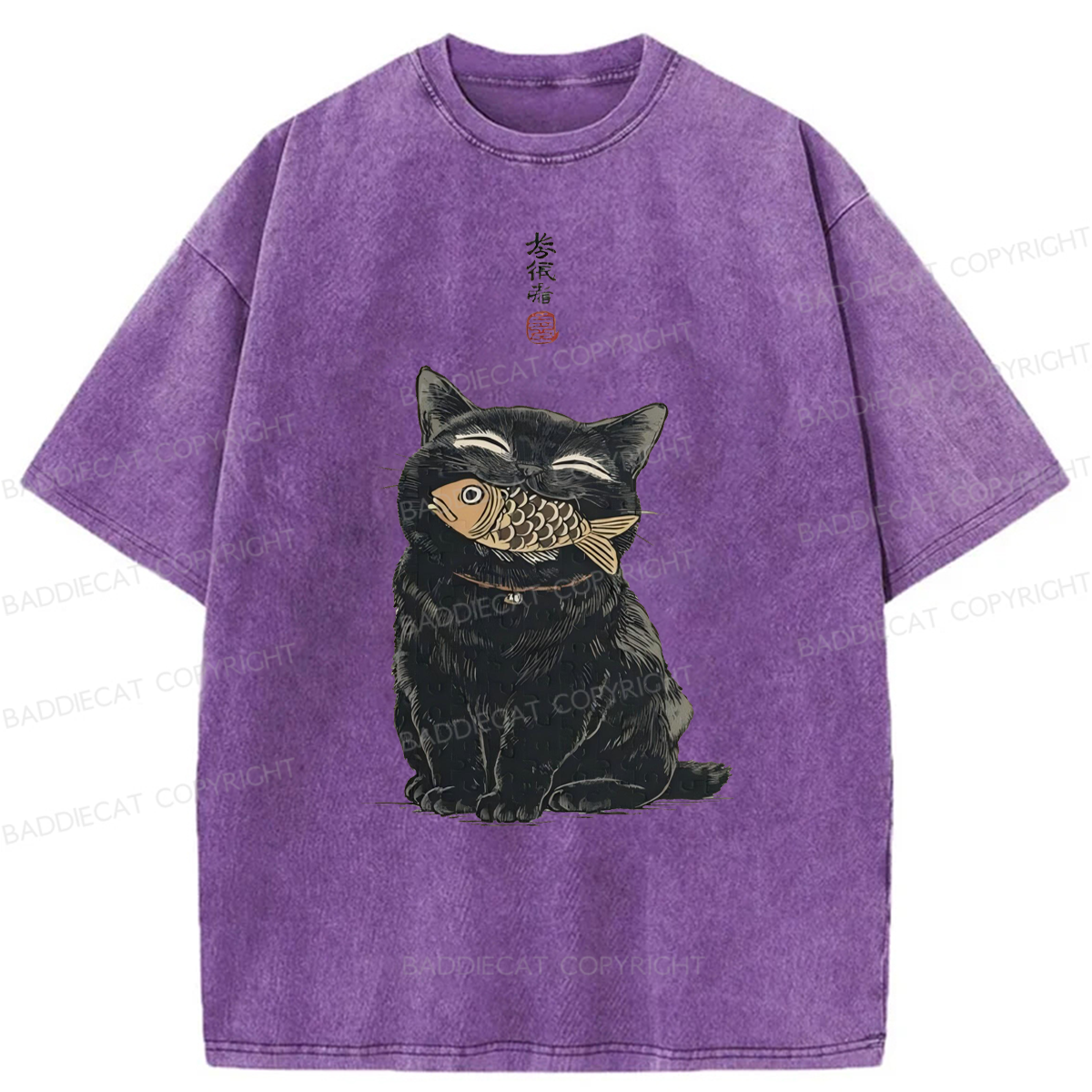 Baddiecat Japanese Smile Black Cat Washed T-shirt