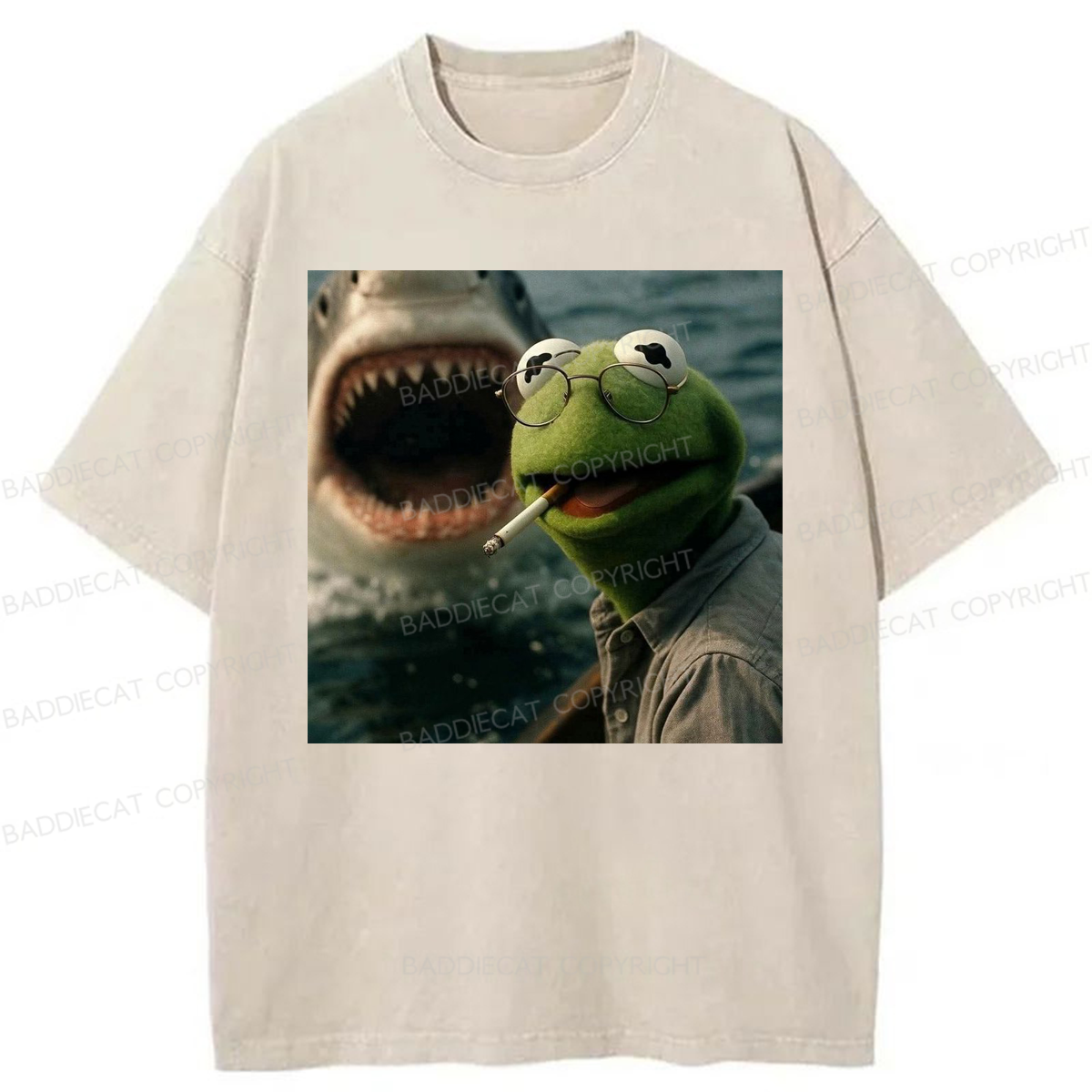 Baddiecat Shark Attack Parody Smoking Frog Washed T-shirt