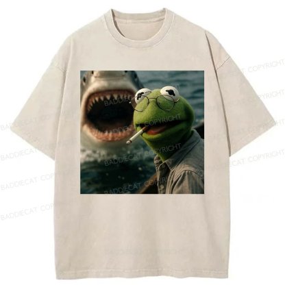 Baddiecat Shark Attack Parody Smoking Frog Washed T-shirt