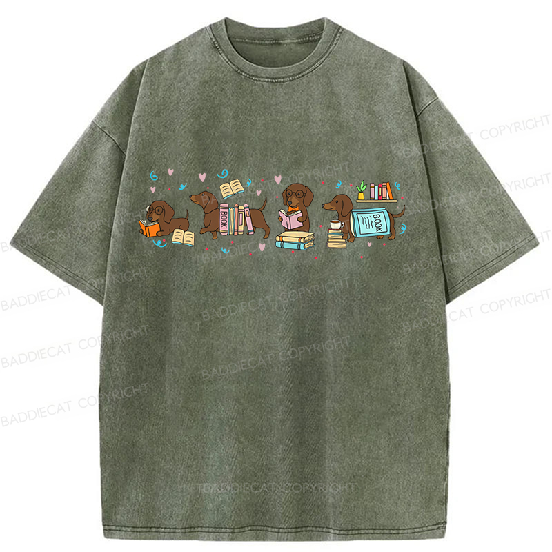 Baddiecat Dachshund Book Lover Washed T-shirt