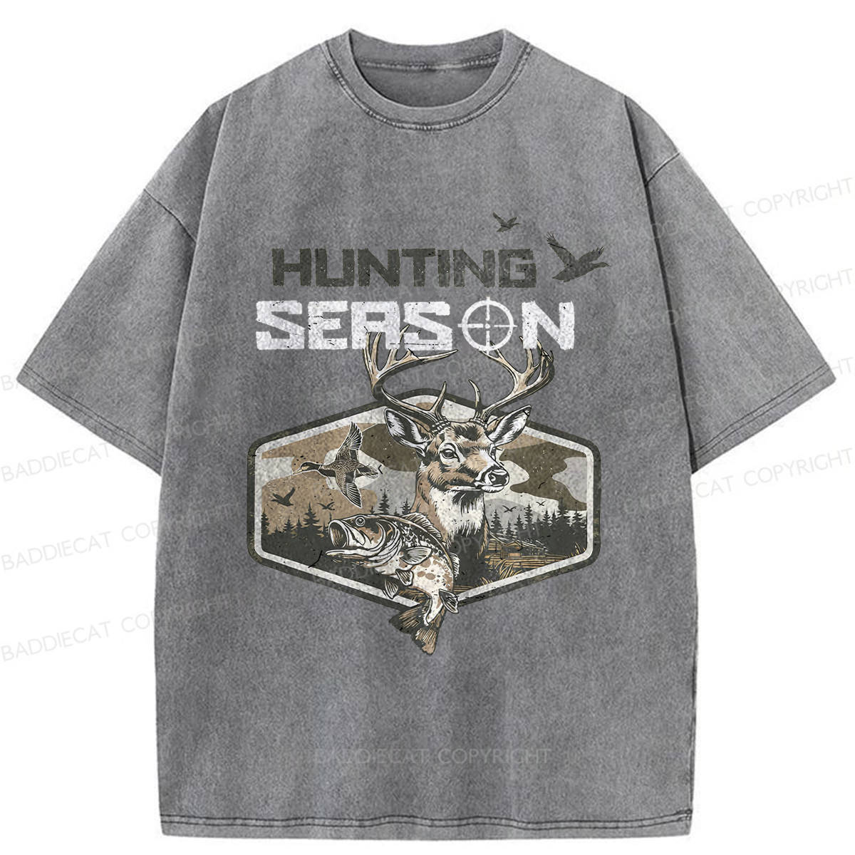 Baddiecat Deer Duck Fishing Washed T-shirt