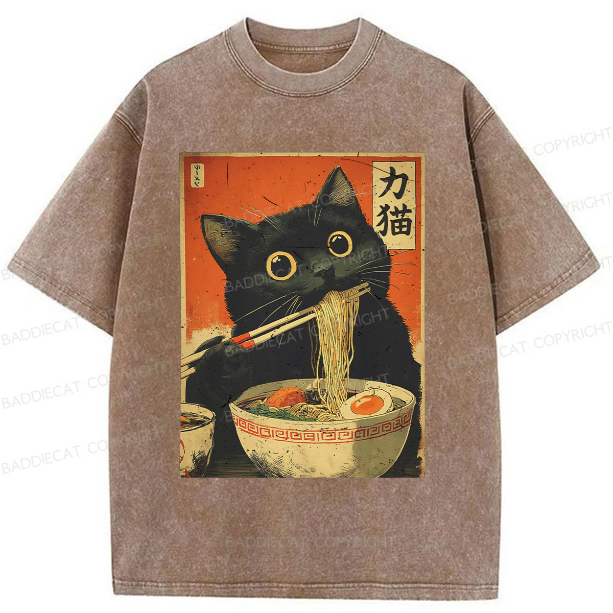 Baddiecat Cat Eating Ramen Funny Washed T-shirt