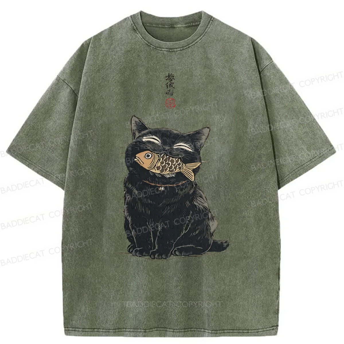 Baddiecat Japanese Smile Black Cat Washed T-shirt
