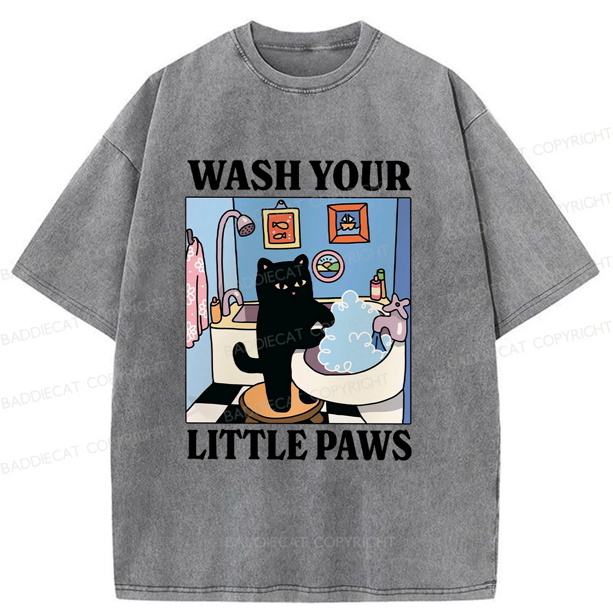 Baddiecat Cleaning Black Cat Washed T-shirt