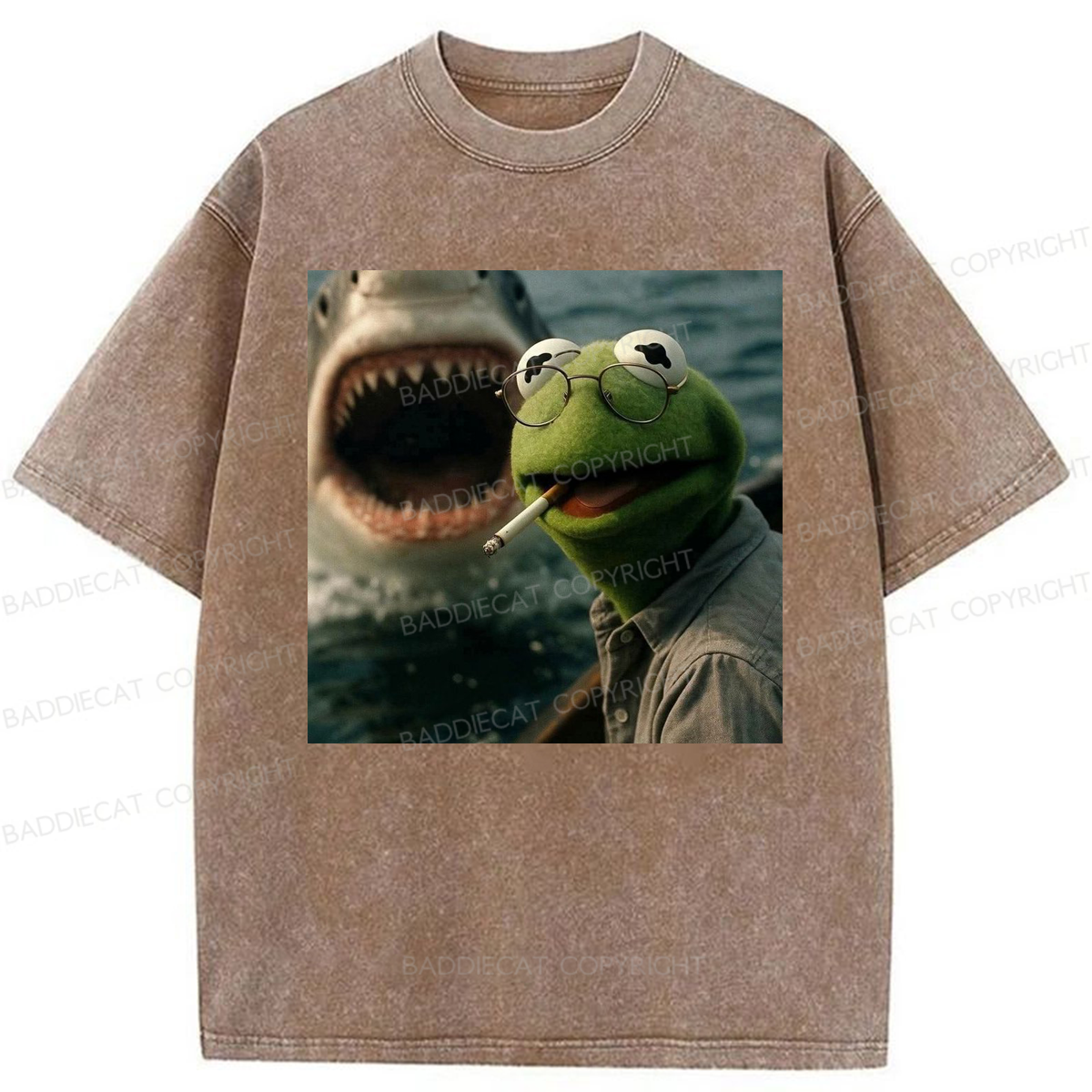 Baddiecat Shark Attack Parody Smoking Frog Washed T-shirt